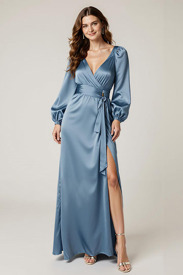 Lac Bleu Satin Fourreau Volants Manches Longues Robe Formelle avec Fente